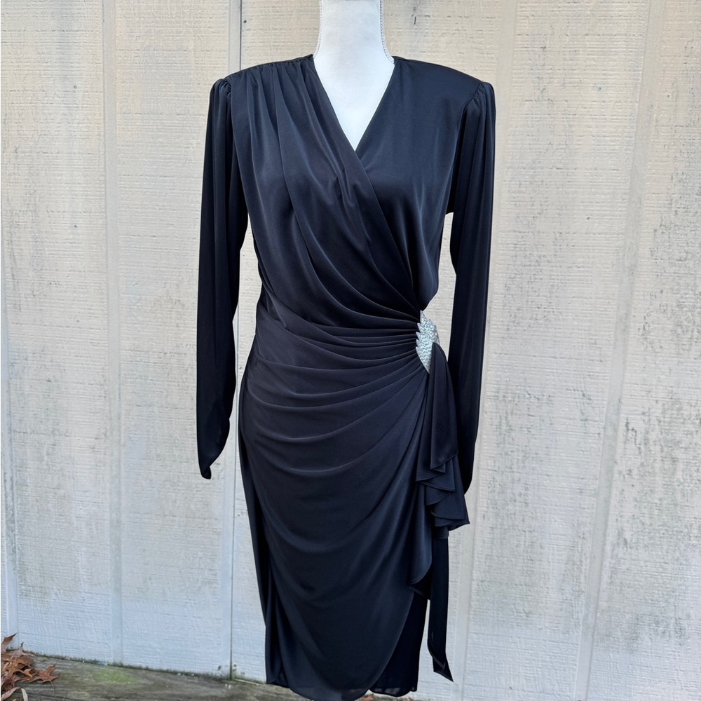 Betsy & Adam Black Long Sleeve Wrap Dress w Sequin Waist Medallion